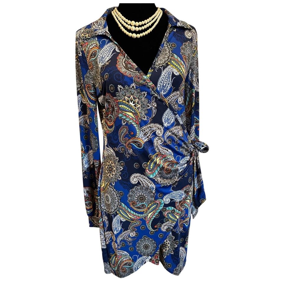 J Uptown Dress Paisley Faux Wrap Blue Large
